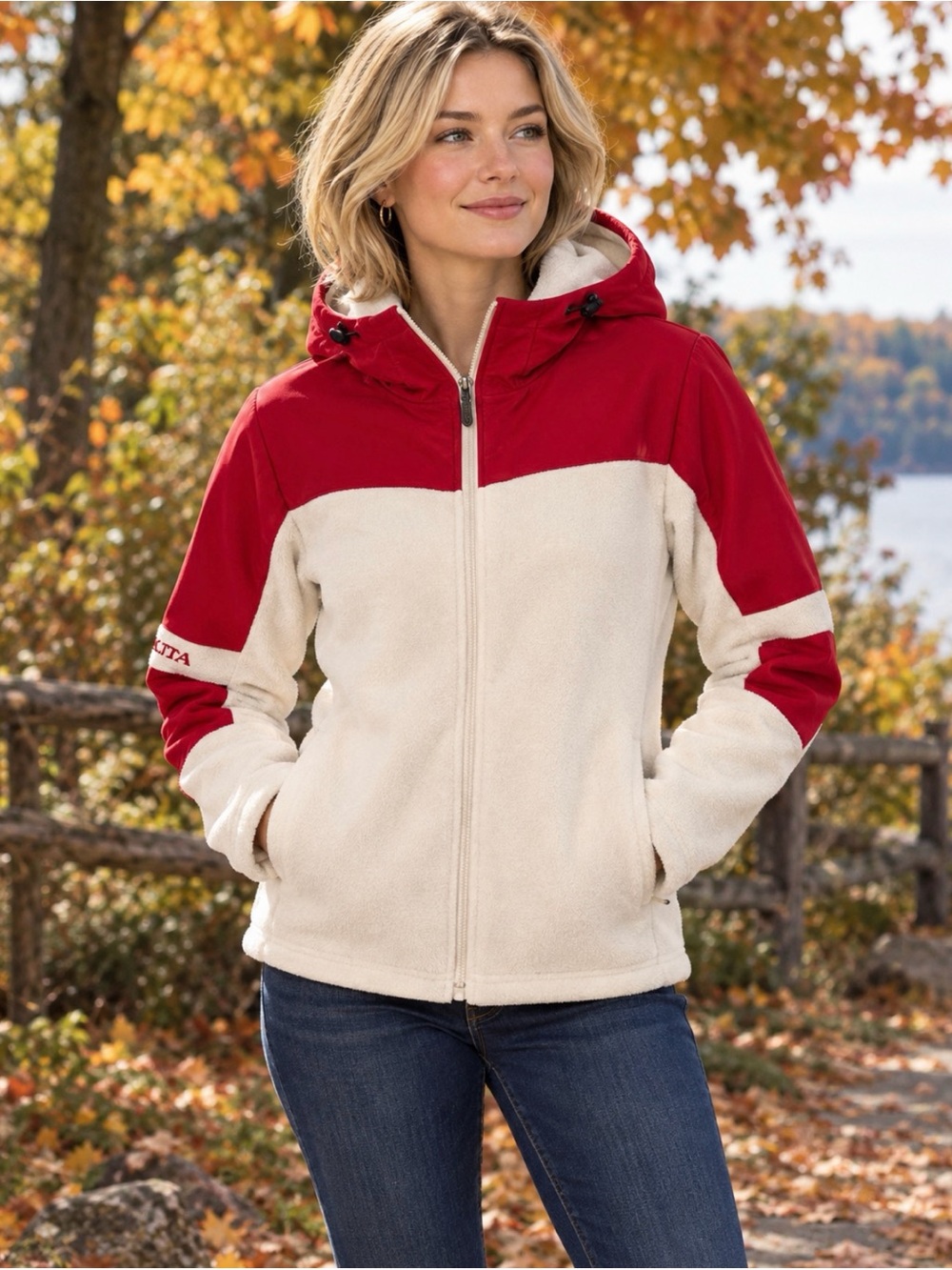 Two-Tone Red and Cream Hooded Teddy Jacket
